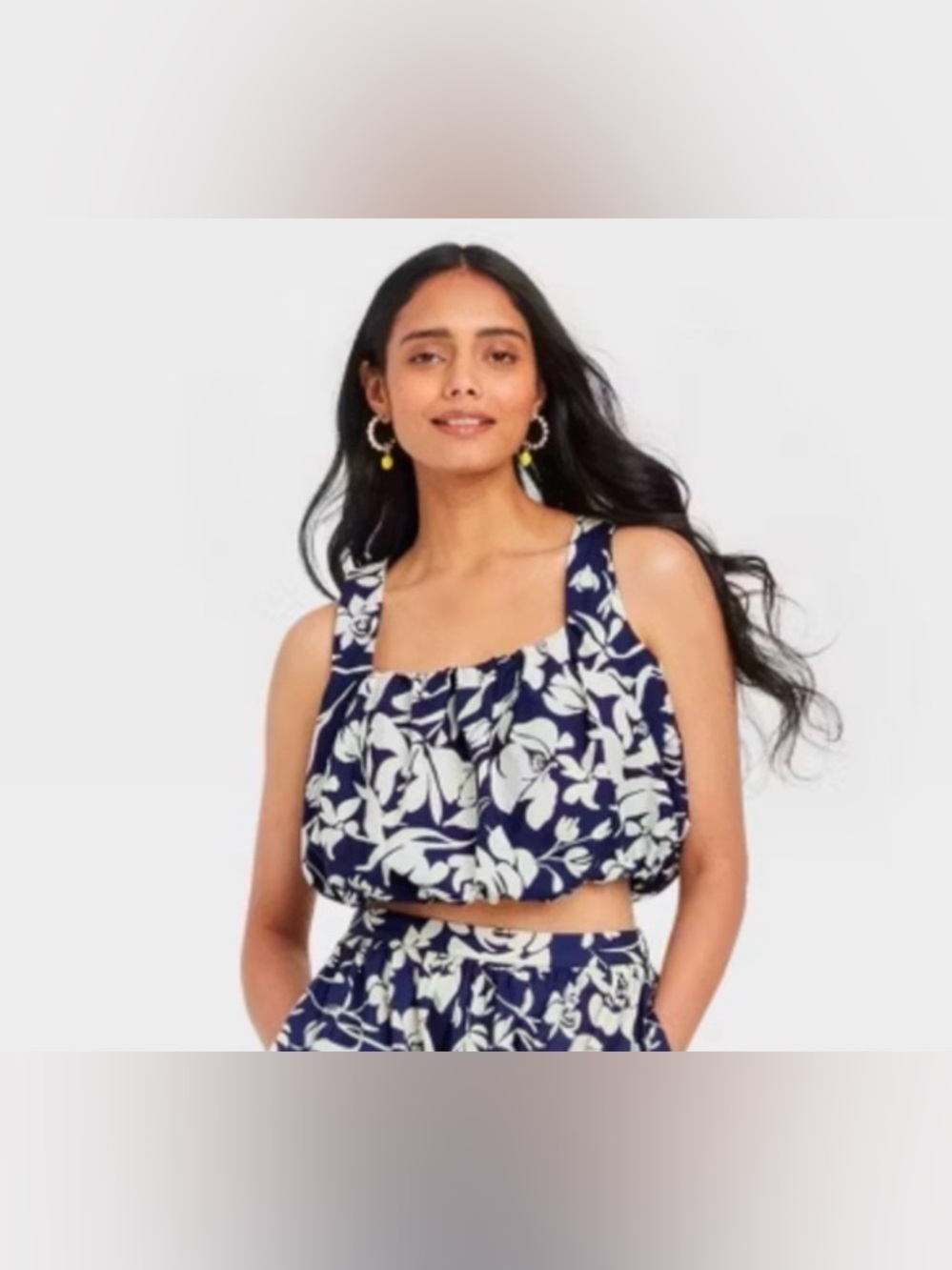 a new day Navy and White Floral Square-Neck Crop Top S